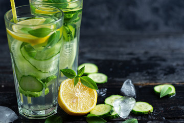 Summer detox water with lemon, mint, cucumber and Basil. Summer chilled lemonade