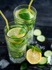 Summer detox water with lemon, mint, cucumber and Basil. Summer chilled lemonade
