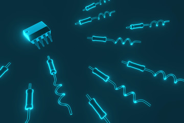 The concept of radio chips and electronic components. The image of the chip and resistors for online stores. 3D rendering