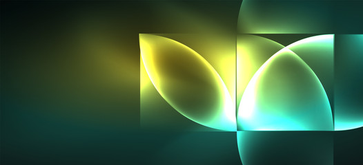 Techno glowing glass geometric shapes vector background, futuristic dark template with neon light effects and simple forms