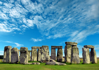 Stonehenge an ancient prehistoric stone monument from Bronze and Neolithic ages, constructed as a ring near Salisbury with dramatic sky, Wiltshire in England, United Kingdom