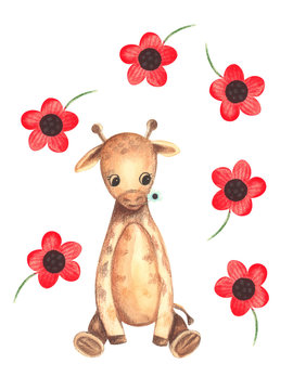 Illustration of color watercolor animal character giraffe sitting among flowers on a white isolated background.