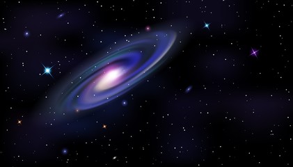 Vector template of Cosmic Galaxy, shining stars on night sky background. Space horizontal background. Colorful galaxy with nebula, planets and star. Futuristic science backdrop with copy space, headli