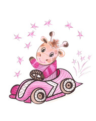 Illustration of a color watercolor animal character giraffe travels in a vehicle racing sports car on a white isolated background.