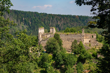 Fototapeta na wymiar Divci kamen, Trisov, Czech republic, View of Girls rock ruin, ruin of castle in south bohemia near Cesky Krumlov city