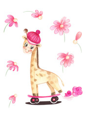 Illustration of color watercolor animal character giraffe on a sports skate on a white isolated background.