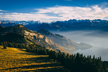 aerial view of mountain scenery in the swiss alps during late autumn, colored pinetrees and blue Lake Lucerne covered in fog seen from rigi switzerland
