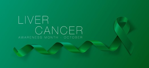 Fototapeta na wymiar Liver Cancer Awareness Calligraphy Poster Design. Realistic Emerald Green Ribbon. October is Cancer Awareness Month. Vector
