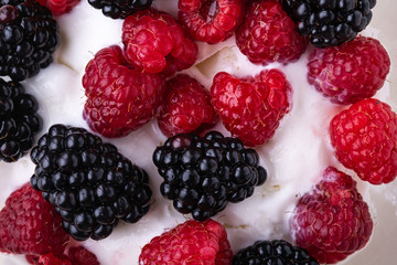 Ice cream with raspberry and blackberry berries, milk, frosty, texture, top view