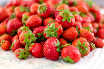 Lots of fresh ripe red strawberries on the white table. Home garden harvesting