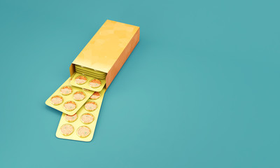 Blister pills diet concept and open box of pills. Unhealthy food concept pharmaceutical idea.