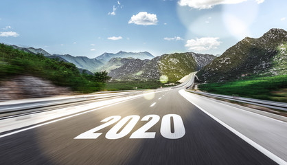 2020 New Year inscription on the asphalt highway. Two thousand and twenty.
