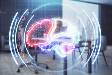 Brain sign hologram with minimalistic cabinet background. Double exposure. Ai concept.