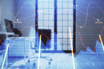 Forex chart hologram with minimalistic cabinet interior background. Double exposure. Stock market concept.