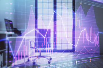 Forex chart hologram with minimalistic cabinet interior background. Double exposure. Stock market concept.