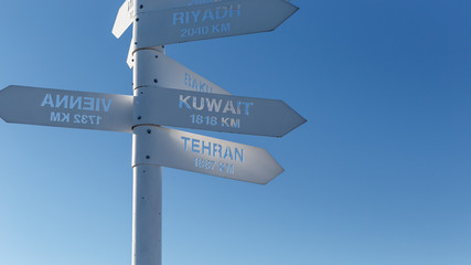 Obraz premium Sign indicating directions and distances to different cities of the world. The direction of the cities on the background of blue sky. Observation deck at the top of Tahtali mountain. Kemer, Turkey