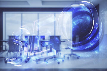 Double exposure of seo hologram on conference room background. Concept of search optimization