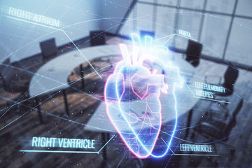 Double exposure of heart hologram on conference room background. Concept of medical education