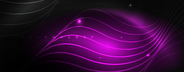 Dark abstract background with bright color neon lights and lines. Glowing background