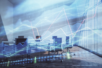 Multi exposure of stock market graph on conference room background. Concept of financial analysis