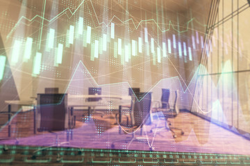 Multi exposure of stock market graph on conference room background. Concept of financial analysis