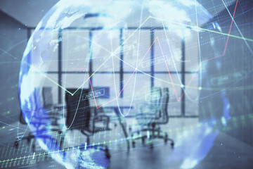Obraz na płótnie Canvas Double exposure of stock market graph with globe hologram on conference room background. Concept of international finance