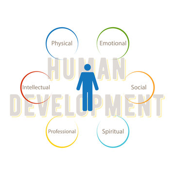 The concept of the main components of human development and health. Schematic representation of a man and six elements around him. Vector infographics for medical topics in flat style.