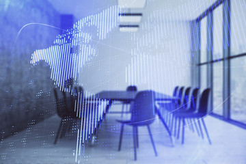 Double exposure of globe hologram on conference room background. Concept of international business