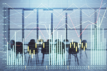 Multi exposure of stock market graph on conference room background. Concept of financial analysis