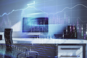 Stock market chart and desktop office computer background. Multi exposure. Concept of financial analysis.