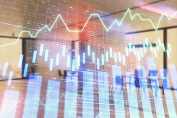 Stock and bond market graph with trading desk bank office interior on background. Multi exposure. Concept of financial analysis