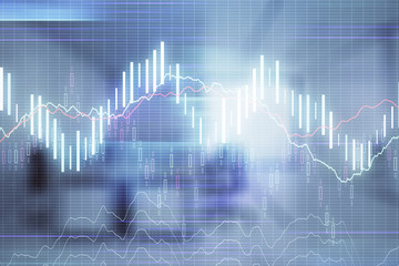 Stock market chart with trading desk bank office interior on background. Double exposure. Concept of financial analysis