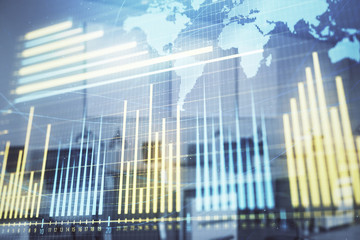 Stock and bond market graph and world map with trading desk bank office interior on background. Multi exposure. Concept of international finance