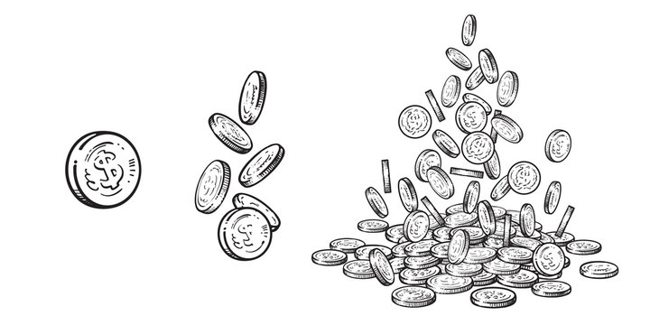 Finance, money set. Sketch of falling gold coins in different positions, pile of cash, stack of money. Hand drawn collection on white background. Vector illustration.