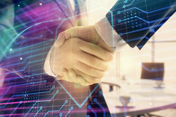 Double exposure of blockchain theme drawing on office background with two businessmen handshake. Concept of crypto economy