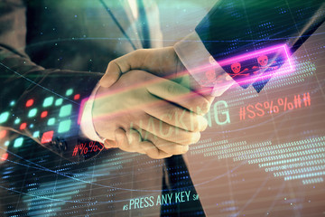 Multi exposure of hacking drawing on abstract background with two men handshake. Concept of data cyberpiracy