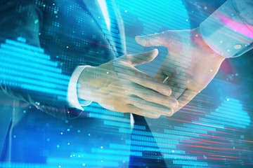 Multi exposure of hacking drawing on abstract background with two men handshake. Concept of data cyberpiracy