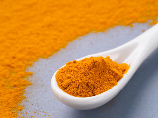 Turmeric Powder or Curcuma longa and white spoon with turmeric powder on gray background. Copy...