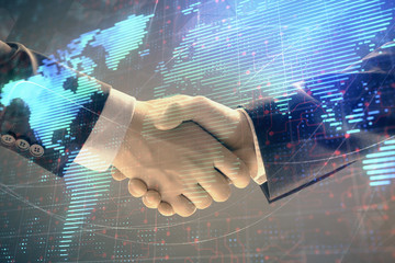Multi exposure of world map on abstract background with two businessmen handshake. Concept of...