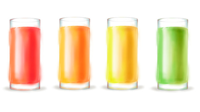 Hand drawn digital illustration in watercolor style. Realistic glasses of  fresh juice, perfect rendered glass of colorful juices isolated on the white background