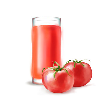 Hand drawn digital illustration in watercolor style. Red ripe realistic tomatoes and glass of tomatoes fresh juice, perfect rendered vegetables isolated on the white background