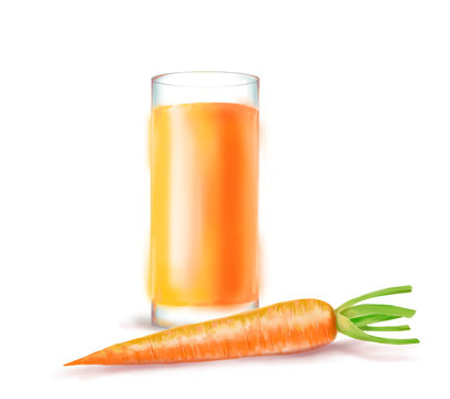Hand drawn digital illustration in watercolor style. Ripe realistic carrot and glass of fresh carrot juice, perfect rendered vegetables isolated on the white background - Illustration