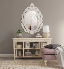 Cozy light modern interior in pastel colors with stucco mirror, classic table, pouf, pillow, plaid, 3d render