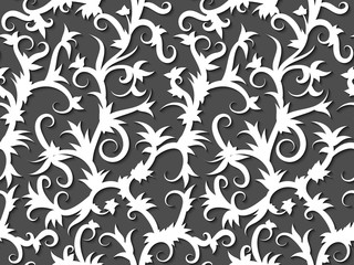 White volumetric pattern of tropical vines on a dark background. Seamless background in the style of a papercut - 280860477