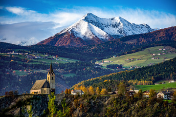 Rodenegg Chruch South Tyrol, Village in the Alps - obrazy, fototapety, plakaty