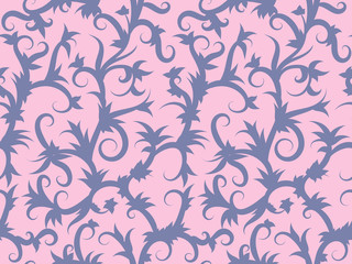 Curls of tropical vines on a pink background. Fashionable contour seamless print for fabric.