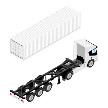 Semi Trailer Truck And Container Box Isometric View. Cargo Transportation