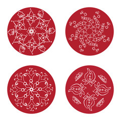Vector frame. Beautiful floral round pattern in chinese style. Imitation of chinese porcelain painting. Red watercolor background. Hand drawing. Set.