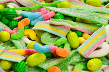 Assorted gummy candies. Top view. Jelly  sweets.