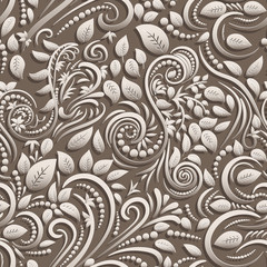 Beige seamless background of paper twisted leaves and spirals in papercut style